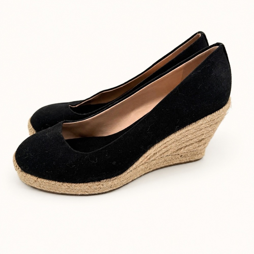 J.Crew Womens 9 Seville Espadrille Wedges Black Canvas Jute Platform Coastal